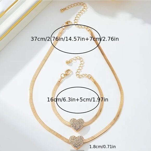Heart Diamond Inlaid Snake Chain Necklace & Bracelet - Picture 6 of 7